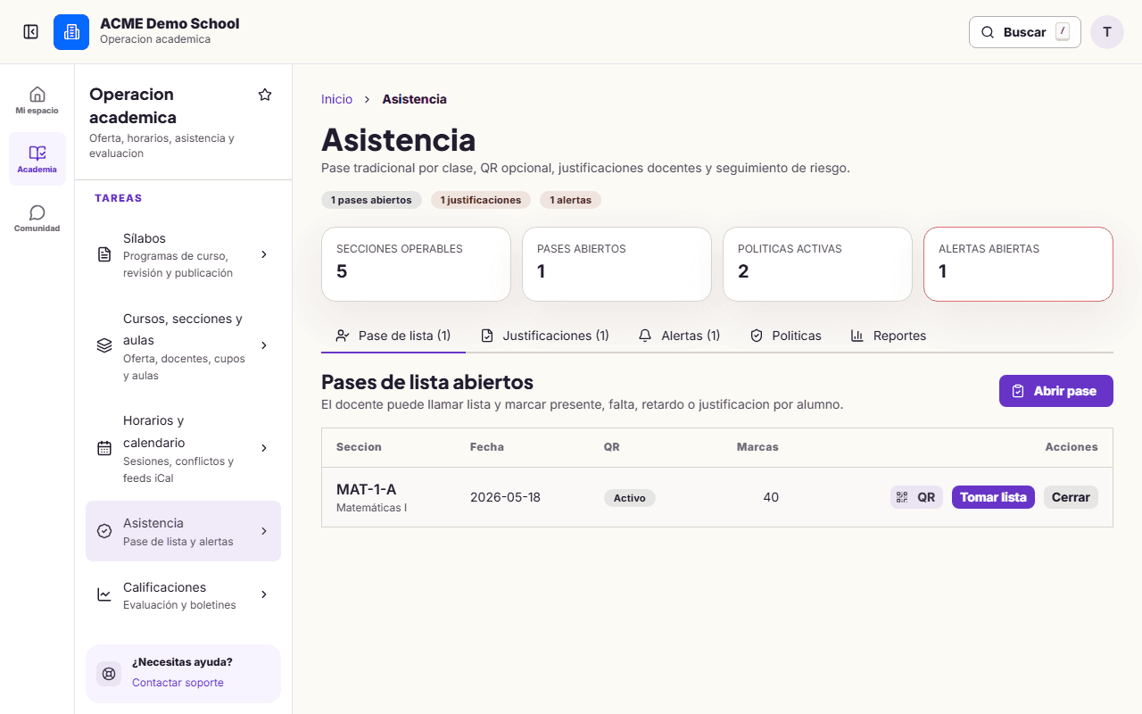 Vista docente de asistencia de Acadexi con datos sintéticos