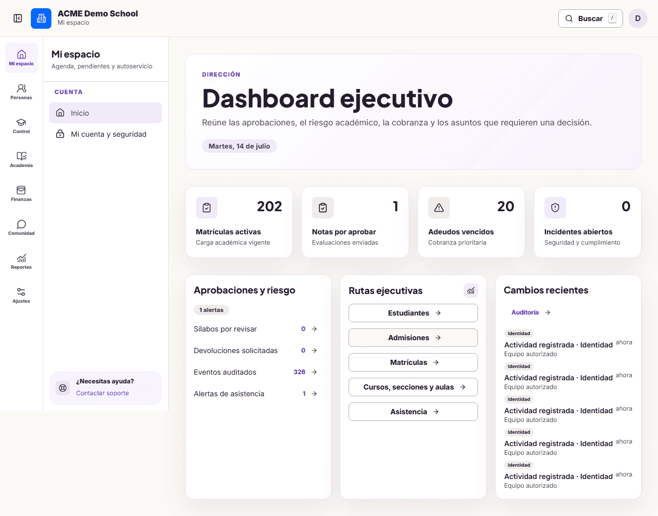 Vista de dirección de Acadexi con datos sintéticos