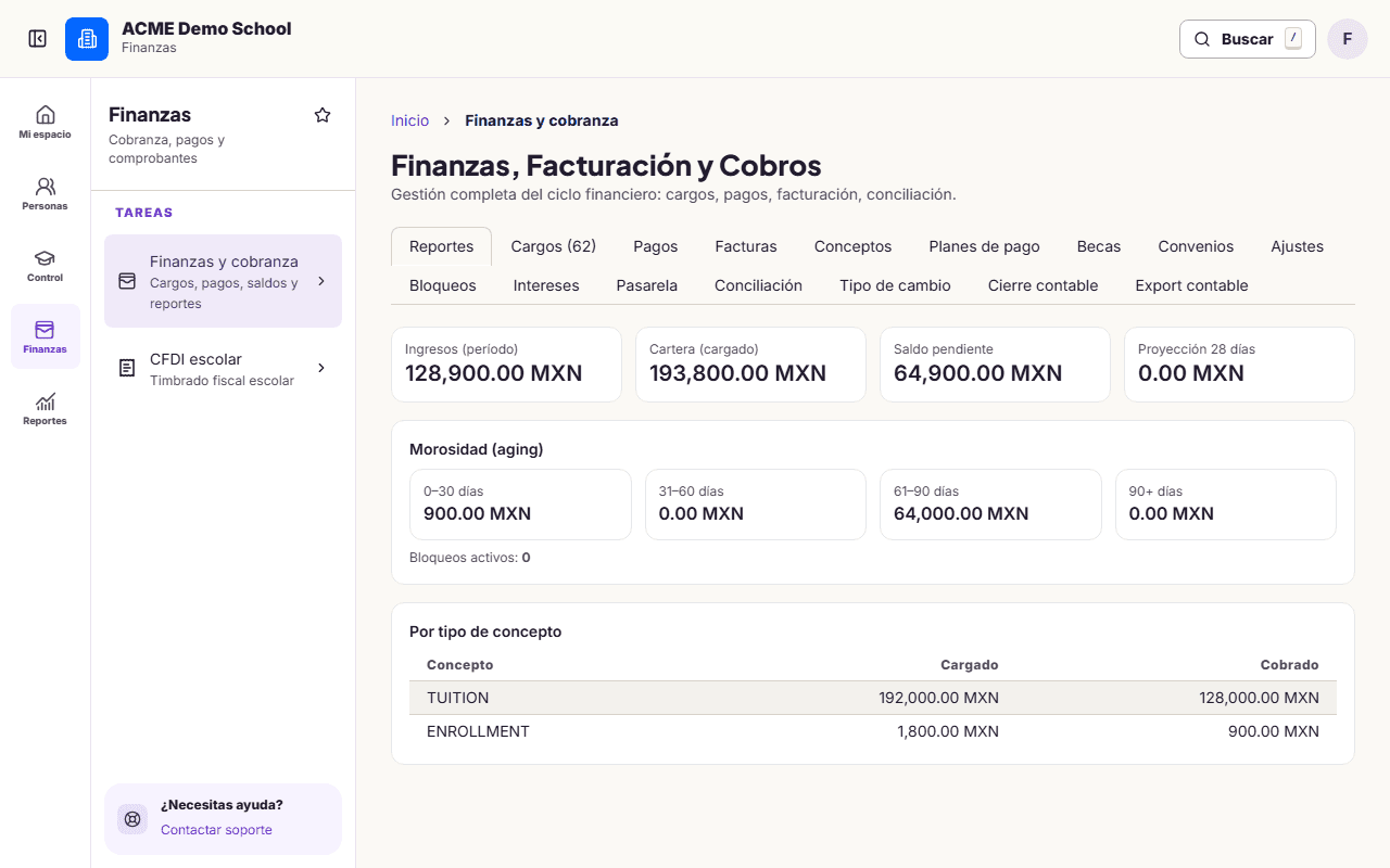 Vista de cobranza escolar de Acadexi con datos sintéticos