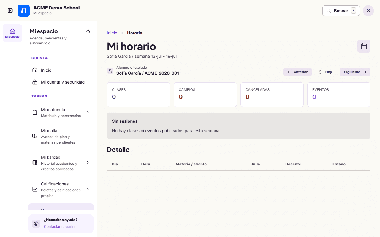 Horario de estudiante en Acadexi con datos sintéticos